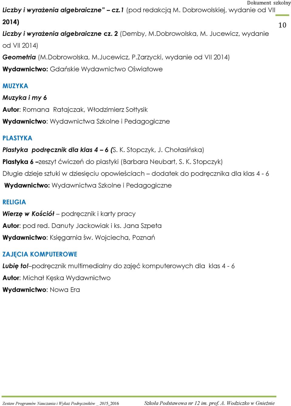 Zarzycki, wydanie od VII 2014) Wydawnictwo: Gdańskie Wydawnictwo Oświatowe MUZYKA Muzyka i my 6 Autor: Romana Ratajczak, Włodzimierz Sołtysik Wydawnictwo: Wydawnictwa Szkolne i Pedagogiczne PLASTYKA