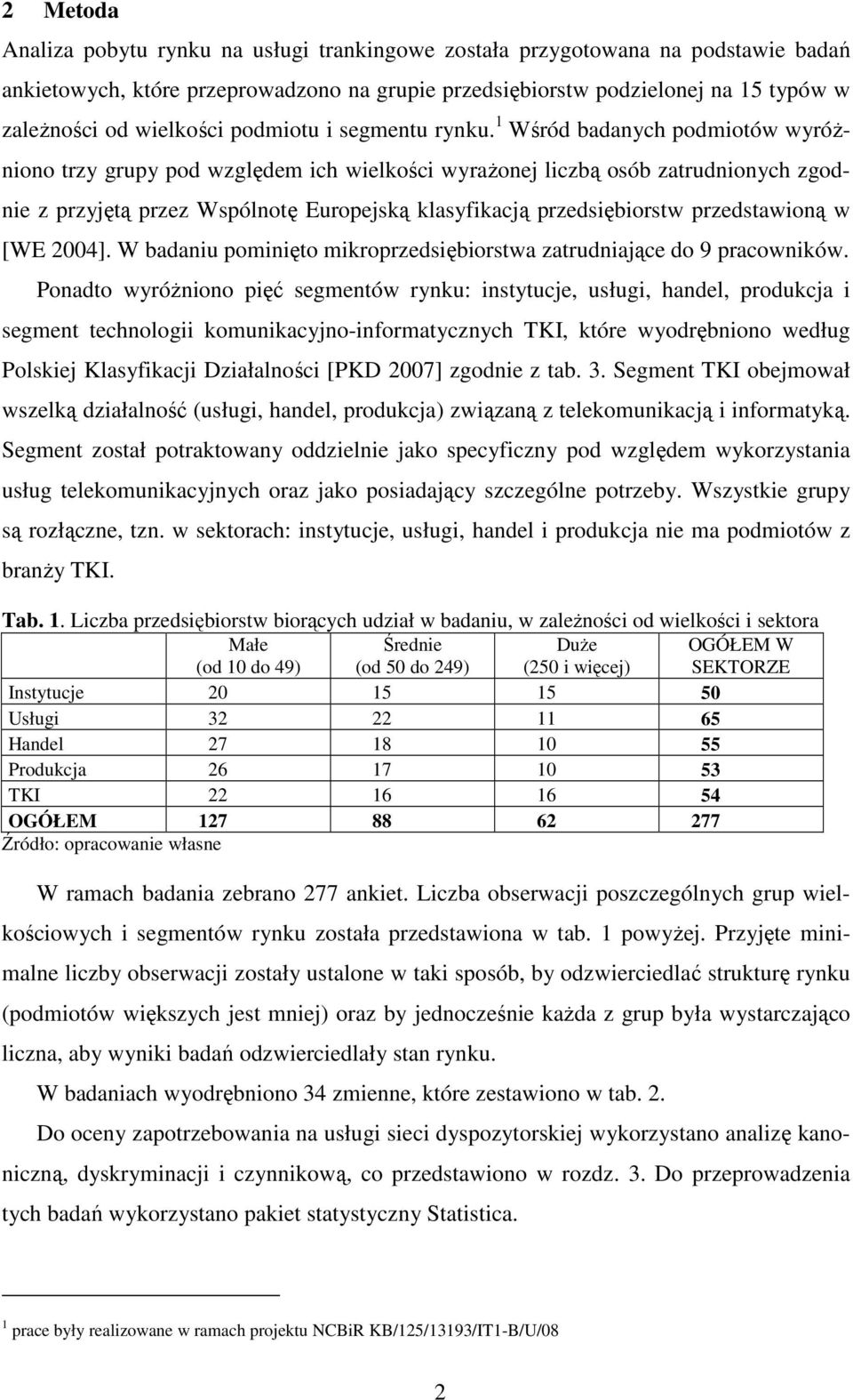 1 Wśród badanych podmiotów wyróżniono trzy grupy pod względem ich wielkości wyrażonej liczbą osób zatrudnionych zgodnie z przyjętą przez Wspólnotę Europejską klasyfikacją przedsiębiorstw