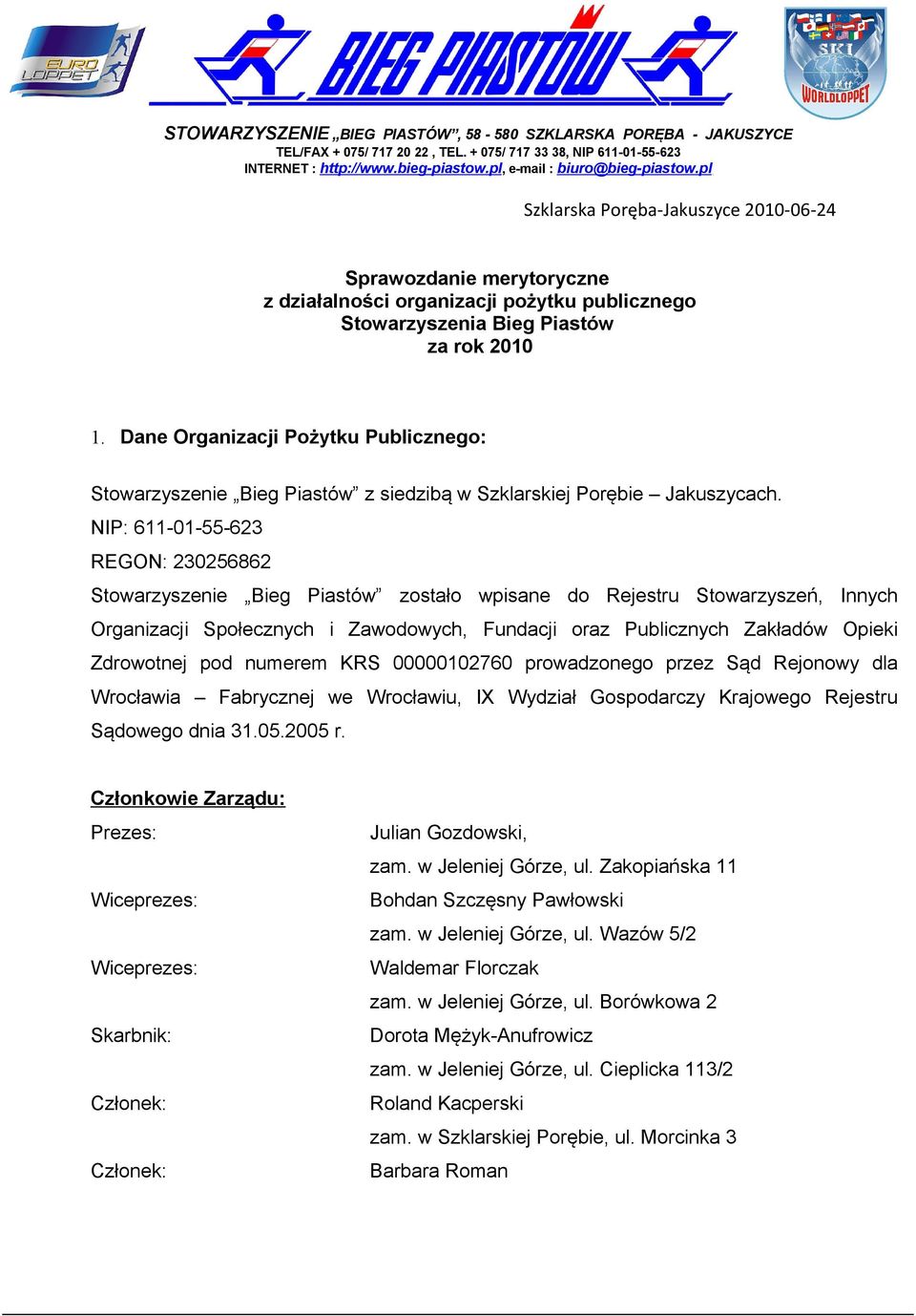 Dane Organizacji Pożytku Publicznego: Stowarzyszenie Bieg Piastów z siedzibą w Szklarskiej Porębie Jakuszycach.