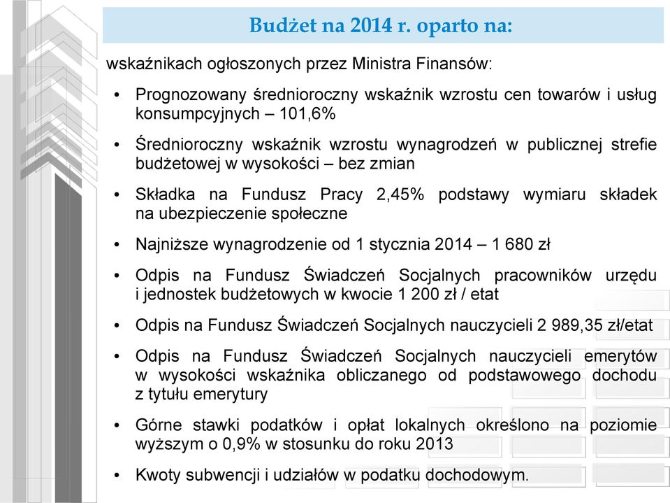 publicznej strefie budżetowej w wysokości bez zmian Składka na Fundusz Pracy 2,45% podstawy wymiaru składek na ubezpieczenie społeczne Najniższe wynagrodzenie od 1 stycznia 2014 1 680 zł Odpis na