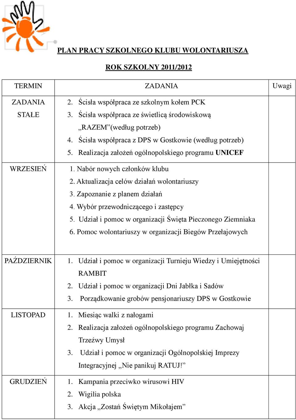 Nabór nowych członków klubu 2. Aktualizacja celów działań wolontariuszy 3. Zapoznanie z planem działań 4. Wybór przewodniczącego i zastępcy 5.
