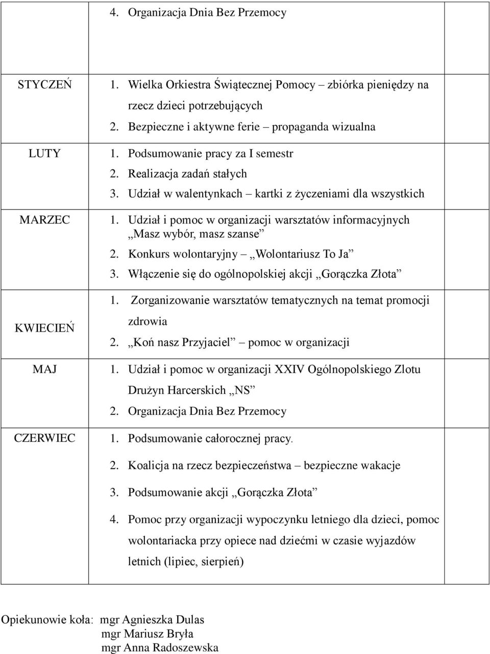Udział i pomoc w organizacji warsztatów informacyjnych Masz wybór, masz szanse 2. Konkurs wolontaryjny Wolontariusz To Ja 3. Włączenie się do ogólnopolskiej akcji Gorączka Złota 1.