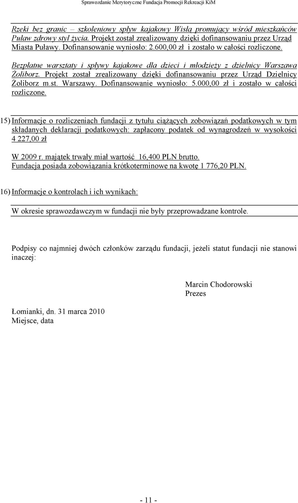 Projekt został zrealizowany dzięki dofinansowaniu przez Urząd Dzielnicy Żoliborz m.st. Warszawy. Dofinansowanie wyniosło: 5.000,00 zł i zostało w całości rozliczone.