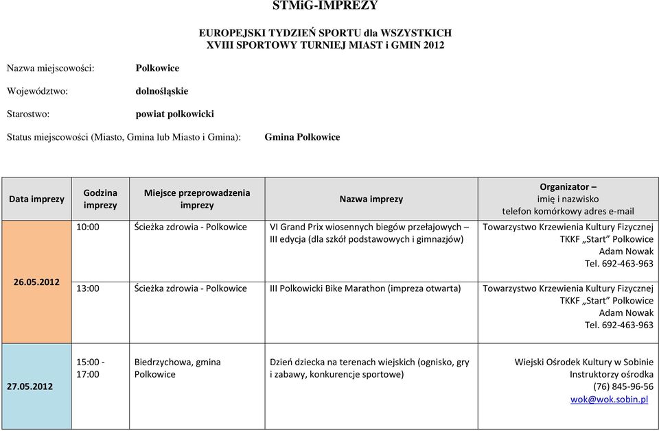2012 Godzina imprezy Miejsce przeprowadzenia imprezy Nazwa imprezy 10:00 Ścieżka zdrowia - VI Grand Prix wiosennych biegów przełajowych III edycja (dla szkół podstawowych i gimnazjów)