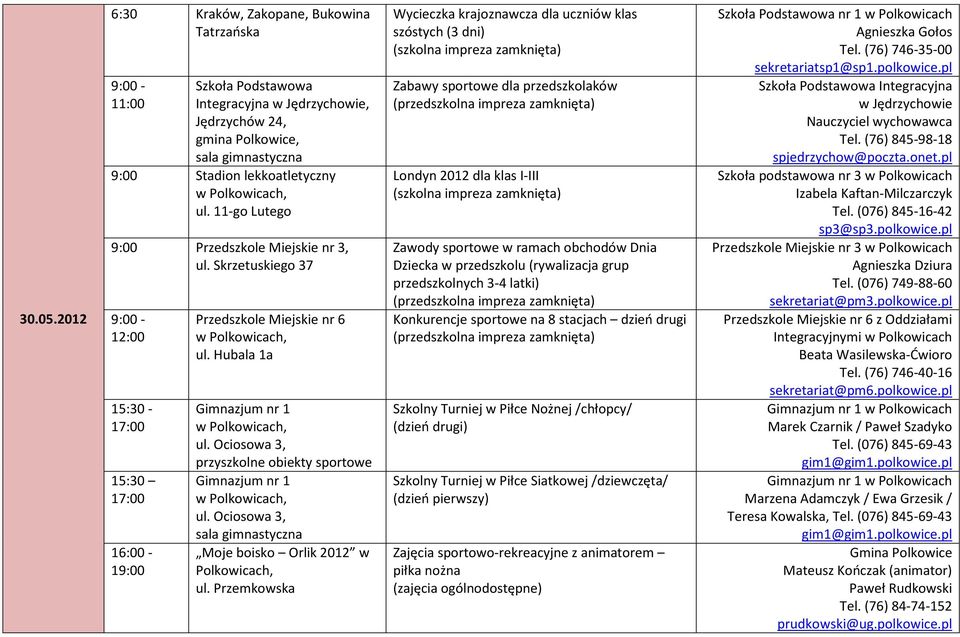 Hubala 1a Gimnazjum nr 1 przyszkolne obiekty sportowe Gimnazjum nr 1 sala gimnastyczna Moje boisko Orlik 2012 w Polkowicach, Wycieczka krajoznawcza dla uczniów klas szóstych (3 dni) Zabawy sportowe