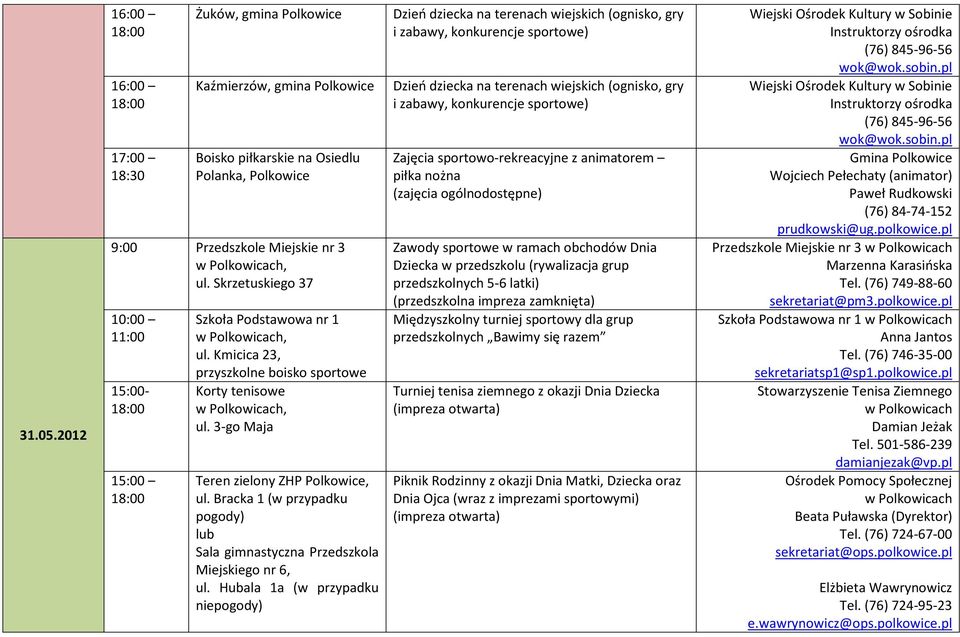 Hubala 1a (w przypadku niepogody) Zawody sportowe w ramach obchodów Dnia Dziecka w przedszkolu (rywalizacja grup przedszkolnych 5-6 latki) Międzyszkolny turniej sportowy dla grup przedszkolnych