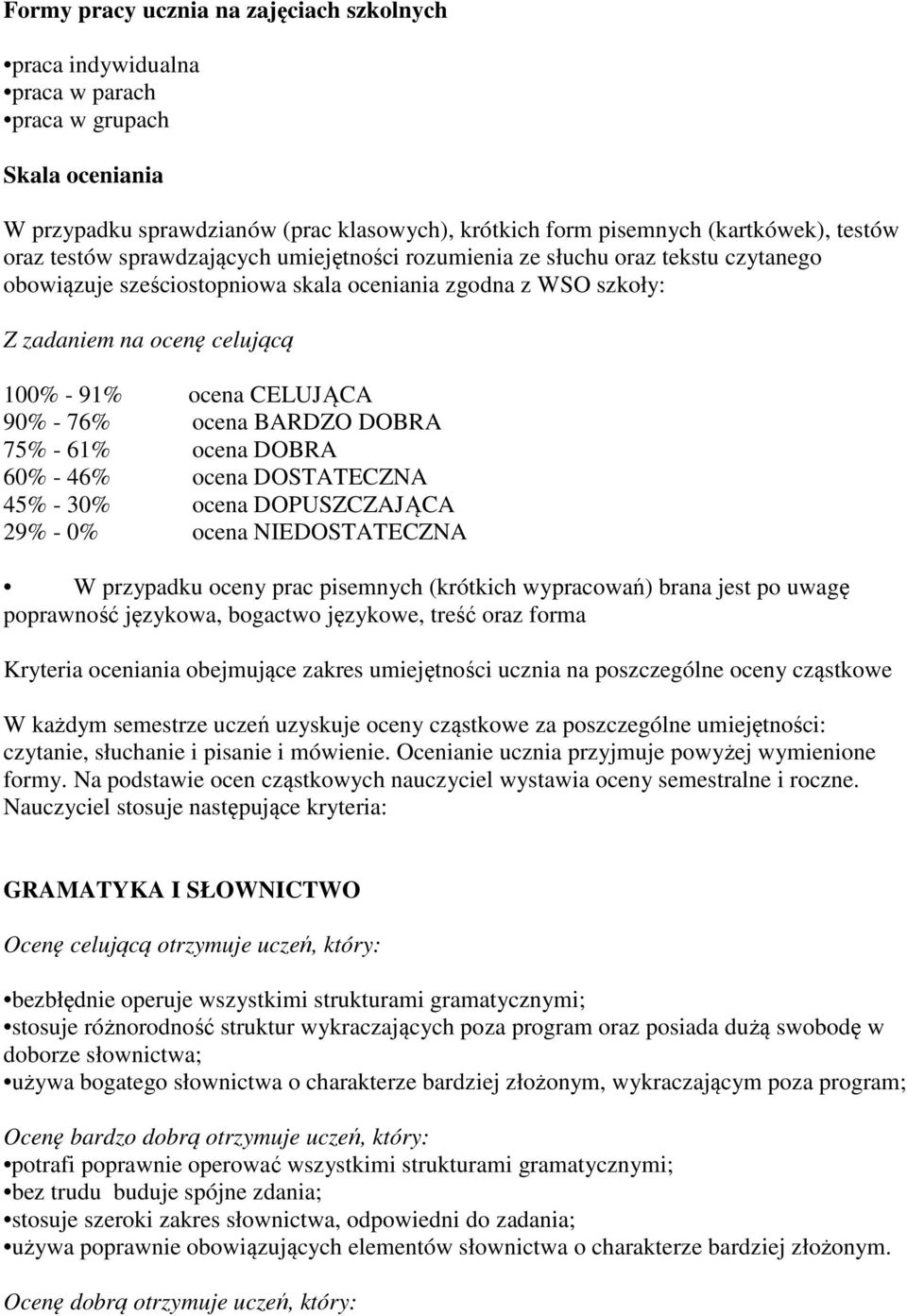 90% - 76% ocena BARDZO DOBRA 75% - 61% ocena DOBRA 60% - 46% ocena DOSTATECZNA 45% - 30% ocena DOPUSZCZAJĄCA 29% - 0% ocena NIEDOSTATECZNA W przypadku oceny prac pisemnych (krótkich wypracowań) brana