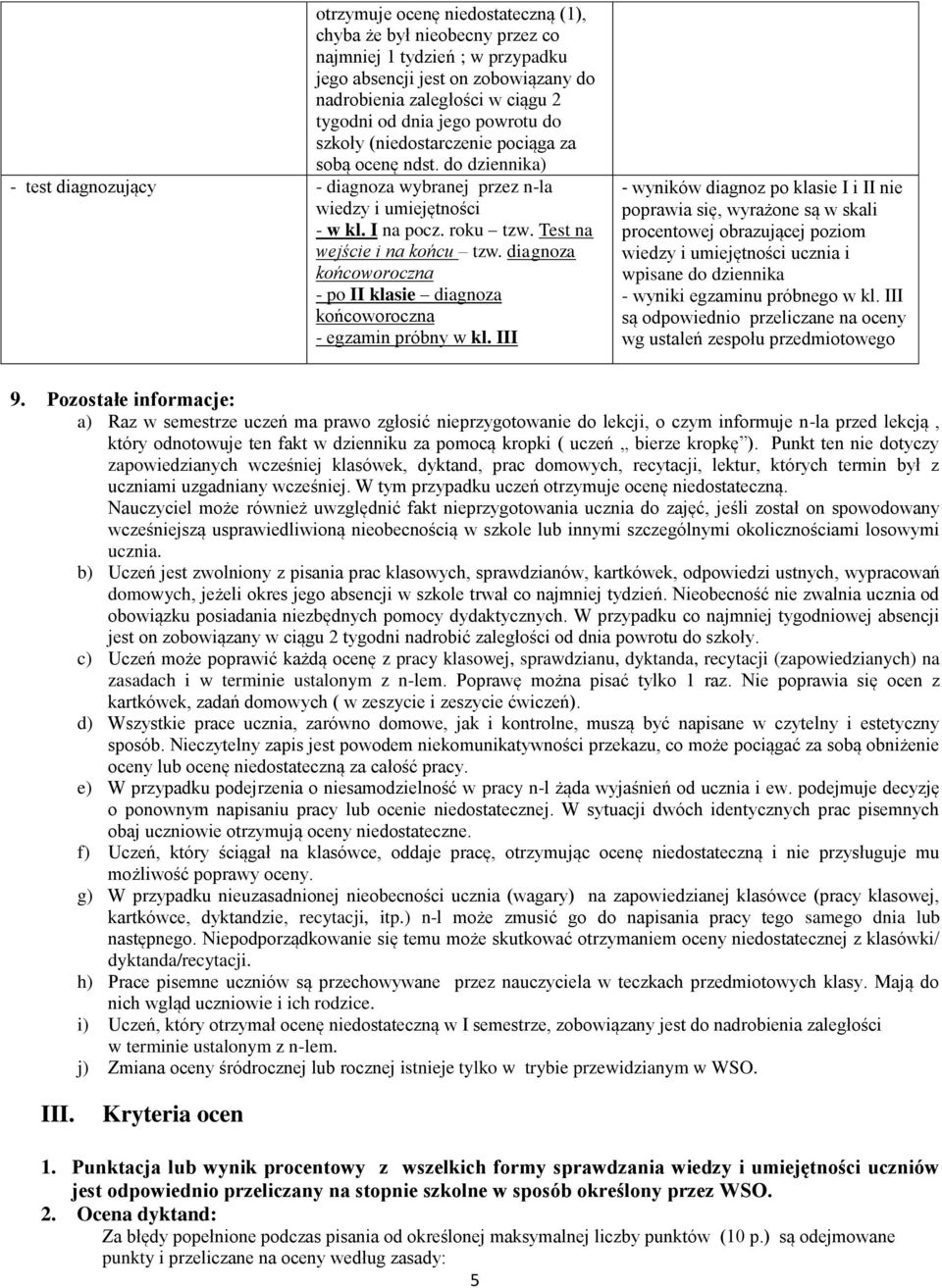 Test na wejście i na końcu tzw. diagnoza końcoworoczna - po II klasie diagnoza końcoworoczna - egzamin próbny w kl.