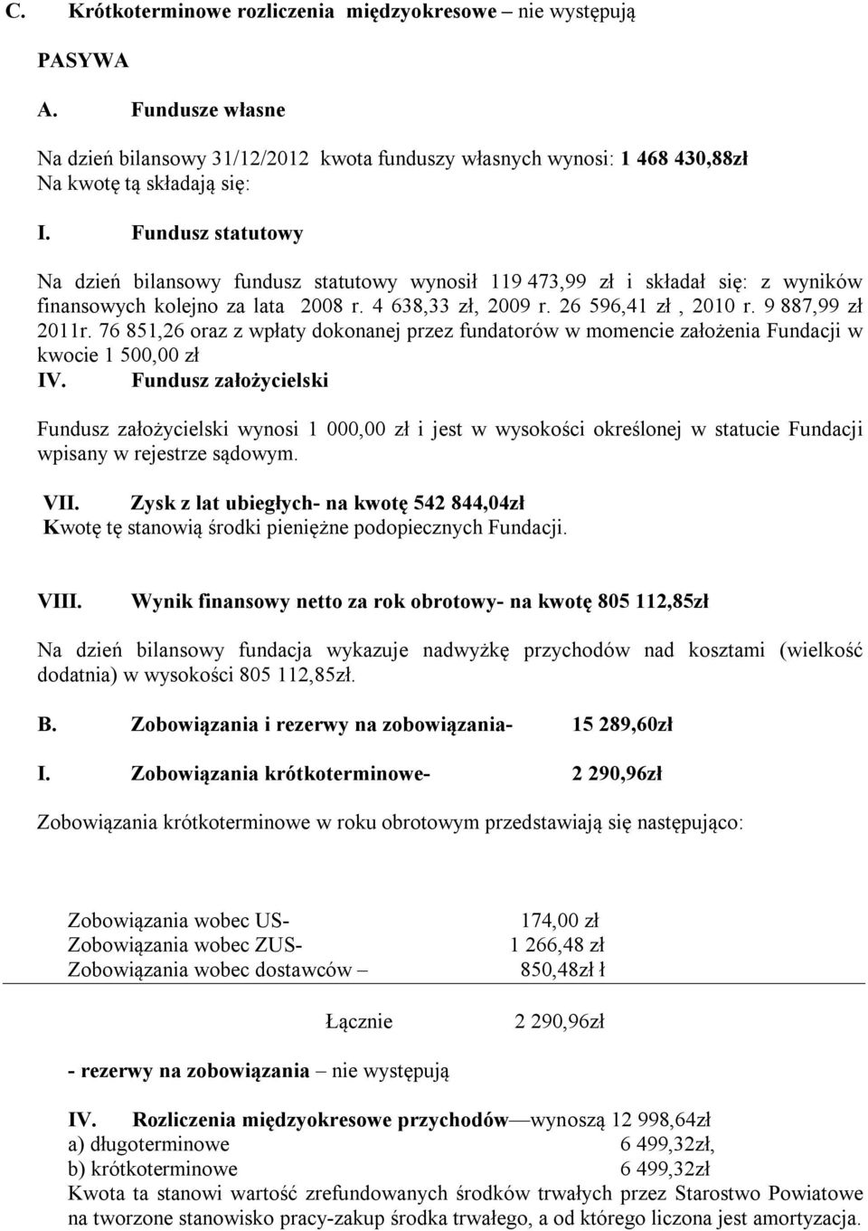 76 851,26 oraz z wpłaty dokonanej przez fundatorów w momencie założenia Fundacji w kwocie 1 500,00 zł IV.