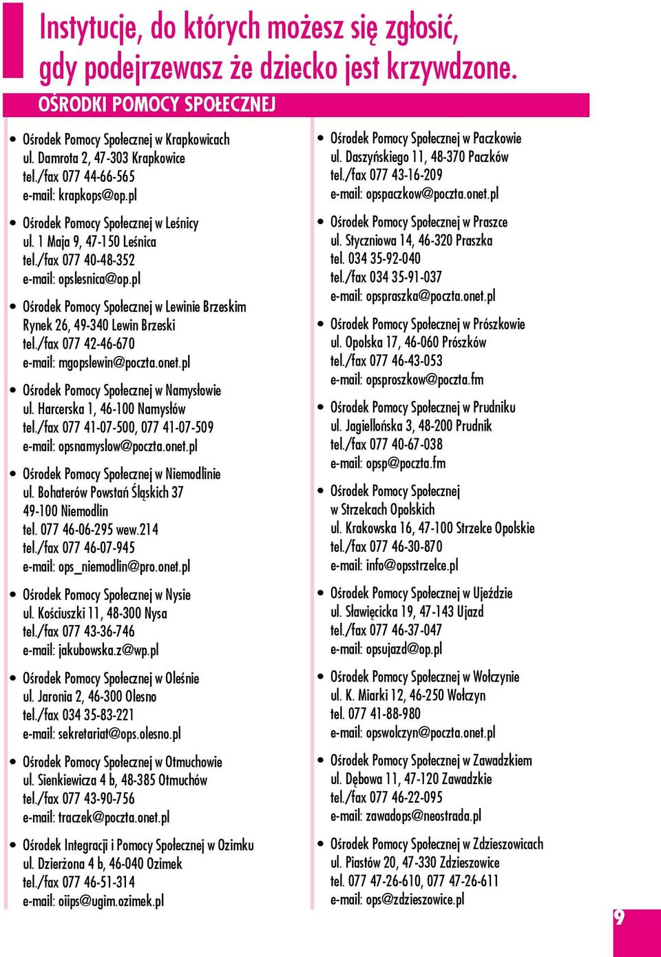 pl Ośrodek Pomocy Społecznej w Lewinie Brzeskim Rynek 26, 49-340 Lewin Brzeski tel./fax 077 42-46-670 e-mail: mgopslewin@poczta.onet.pl Ośrodek Pomocy Społecznej w Namysłowie ul.