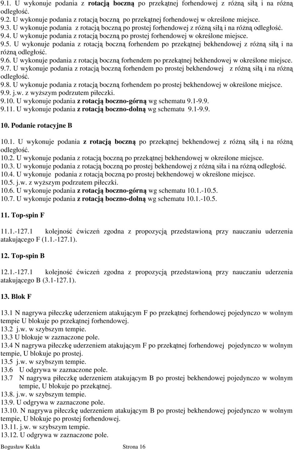 U wykonuje podania z rotacją boczną forhendem po przekątnej bekhendowej z róŝną siłą i na róŝną odległość. 9.6.