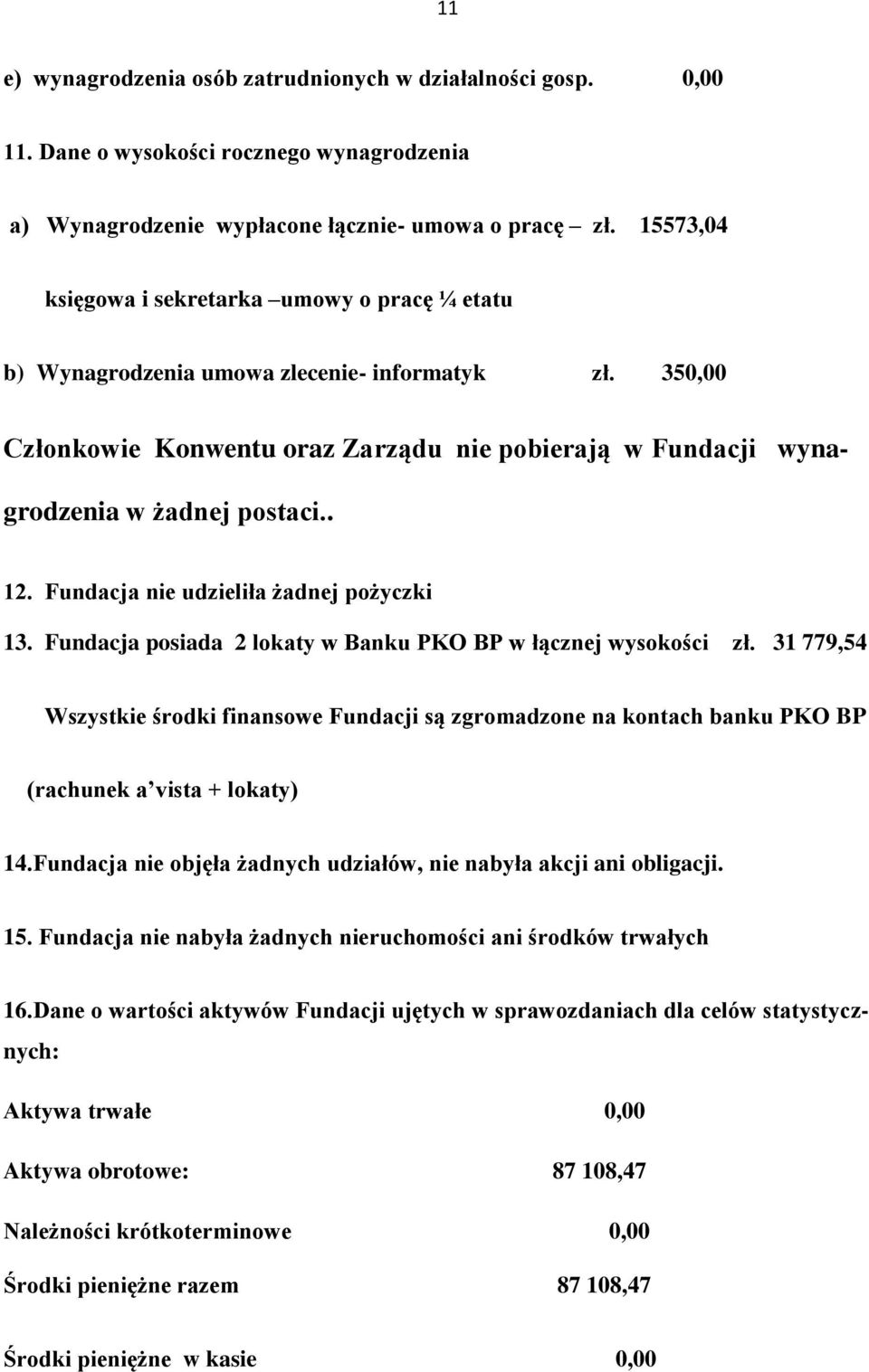 . 12. Fundacja nie udzieliła żadnej pożyczki 13. Fundacja posiada 2 lokaty w Banku PKO BP w łącznej wysokości zł.