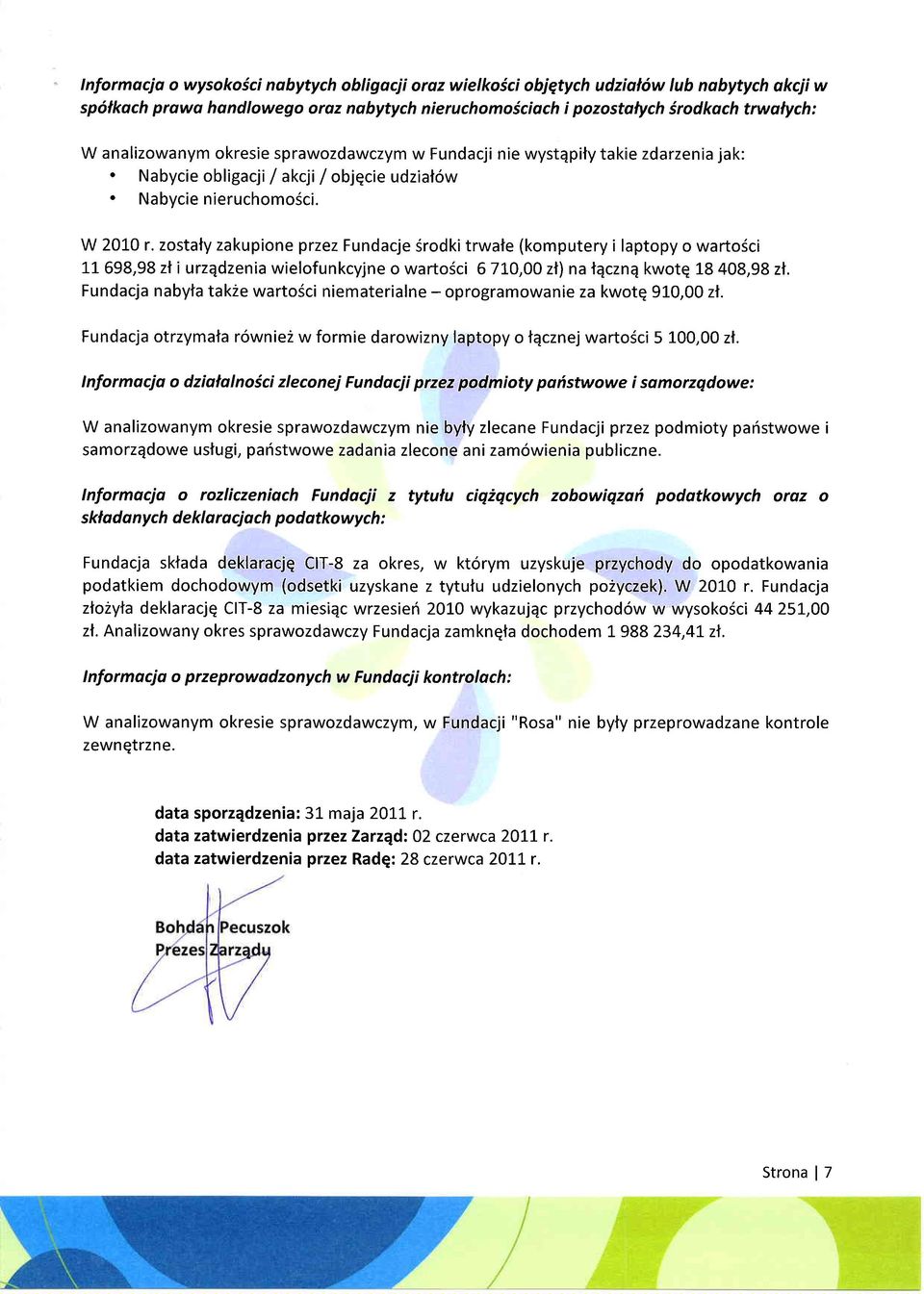 zostly zkupione przez Fundcje Srodki trwle (komputery i lptopy o wrto6ci 11-698,98 zli urzqdzeni wielofunkcyjne o wrtoici 67\O,OO zf) n tqcznq kwotq 18408,98 zt.