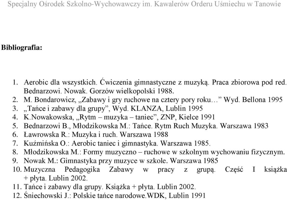 , Młodzikowska M.: Tańce. Rytm Ruch Muzyka. Warszawa 1983 6. Ławrowska R.: Muzyka i ruch. Warszawa 1988 7. Kuźmińska O.: Aerobic taniec i gimnastyka. Warszawa 1985. 8. Młodzikowska M.: Formy muzyczno ruchowe w szkolnym wychowaniu fizycznym.