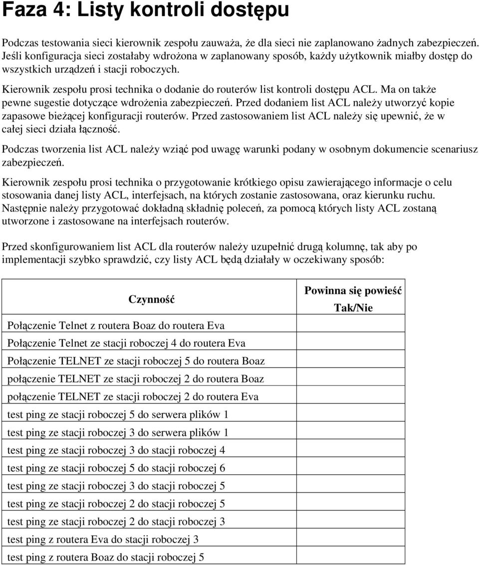 Kierownik zespołu prosi technika o dodanie do routerów list kontroli dostpu ACL. Ma on take pewne sugestie dotyczce wdroenia zabezpiecze.