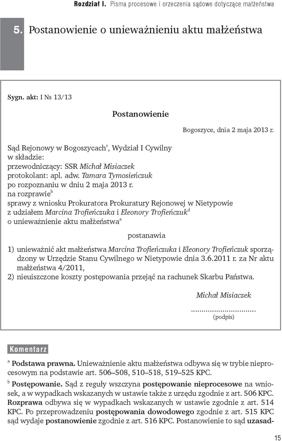 na rozprawie b sprawy z wniosku Prokuratora Prokuratury Rejonowej w Nietypowie z udziałem Marcina Trofieńczuka i Eleonory Trofieńczuk d o unieważnienie aktu małżeństwa a postanawia 1) unieważnić akt