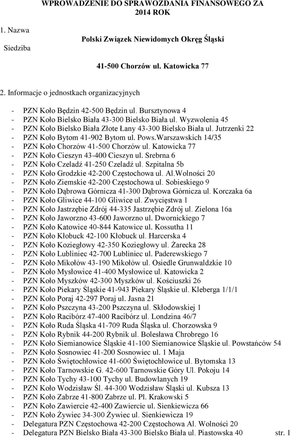 Wyzwolenia 45 - PZN Koło Bielsko Biała Złote Łany 43-300 Bielsko Biała ul. Jutrzenki 22 - PZN Koło Bytom 41-902 Bytom ul. Pows.Warszawskich 14/35 - PZN Koło Chorzów 41-500 Chorzów ul.