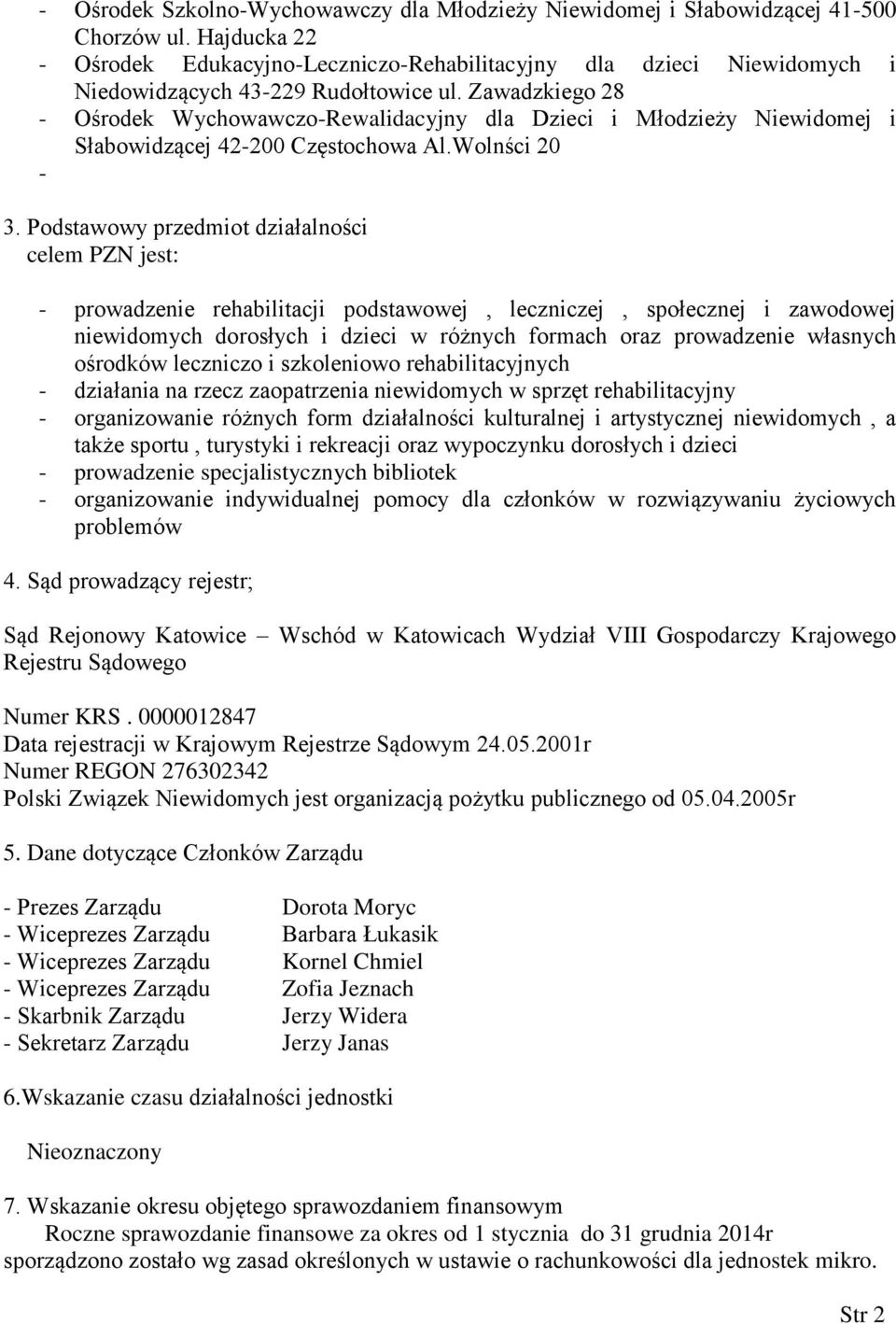 Zawadzkiego 28 - Ośrodek Wychowawczo-Rewalidacyjny dla Dzieci i Młodzieży Niewidomej i Słabowidzącej 42-200 Częstochowa Al.Wolnści 20-3.