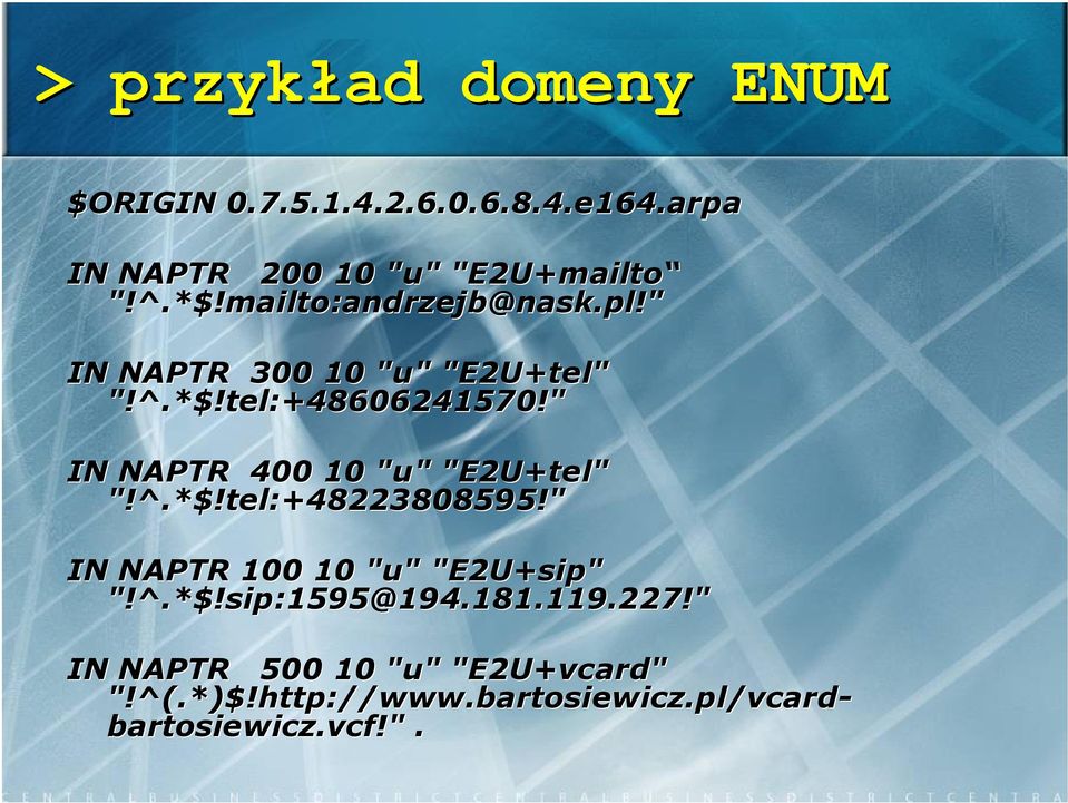 " IN NAPTR 400 10 "u" "E2U+tel" "!^.*$!tel:+48223808595!" IN NAPTR 100 10 "u" "E2U+sip" "!^.*$!sip:1595@194.