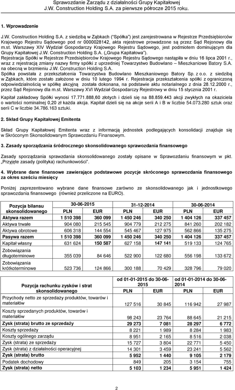 W. Construction Holding S.A. ( Grupa Kapitałowa ). Rejestracja Spółki w Rejestrze Przedsiębiorców Krajowego Rejestru Sądowego nastąpiła w dniu 16 lipca 2001 r.