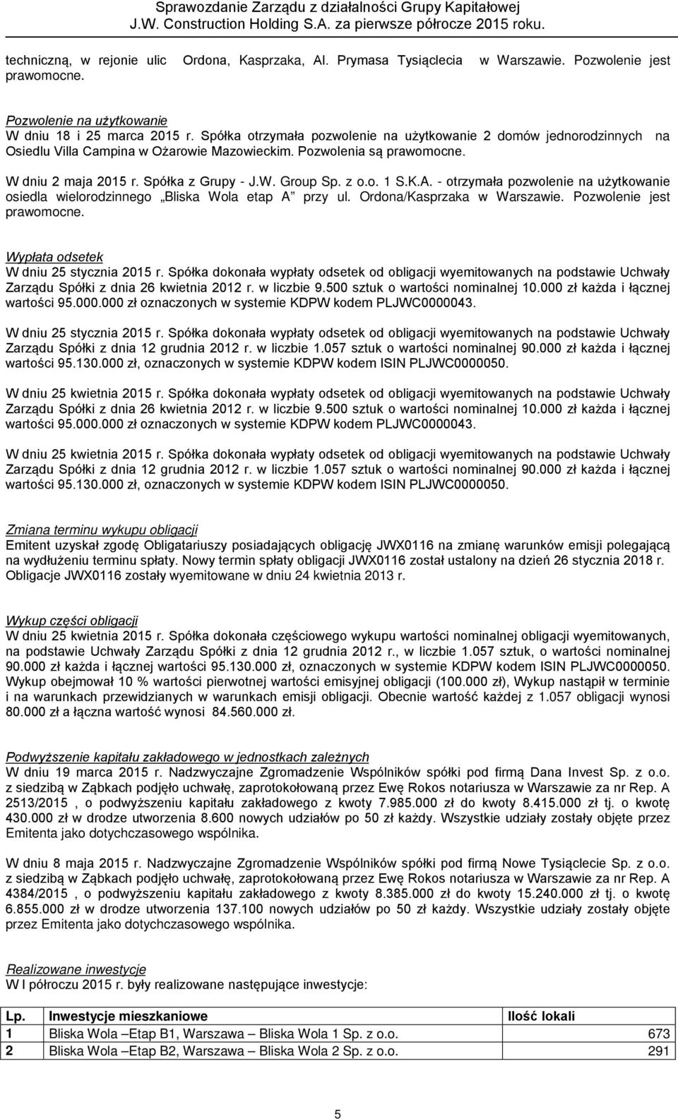 o. 1 S.K.A. - otrzymała pozwolenie na użytkowanie osiedla wielorodzinnego Bliska Wola etap A przy ul. Ordona/Kasprzaka w Warszawie. Pozwolenie jest prawomocne.