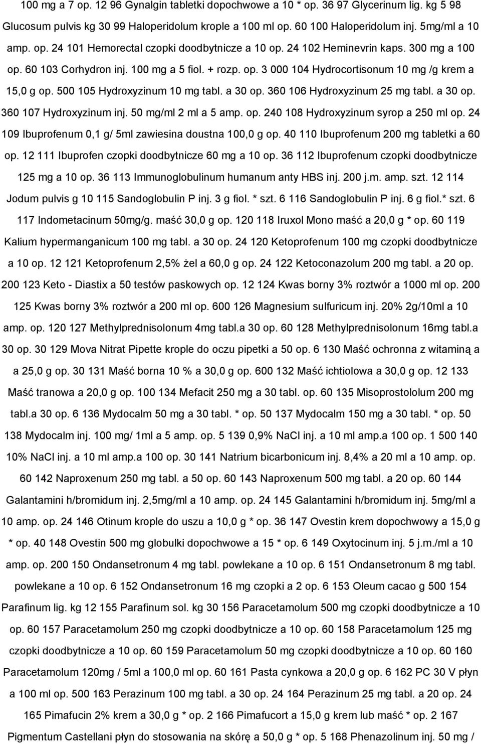 360 106 Hydroxyzinum 25 mg tabl. a 30 op. 360 107 Hydroxyzinum inj. 50 mg/ml 2 ml a 5 amp. op. 240 108 Hydroxyzinum syrop a 250 ml op. 24 109 Ibuprofenum 0,1 g/ 5ml zawiesina doustna 100,0 g op.