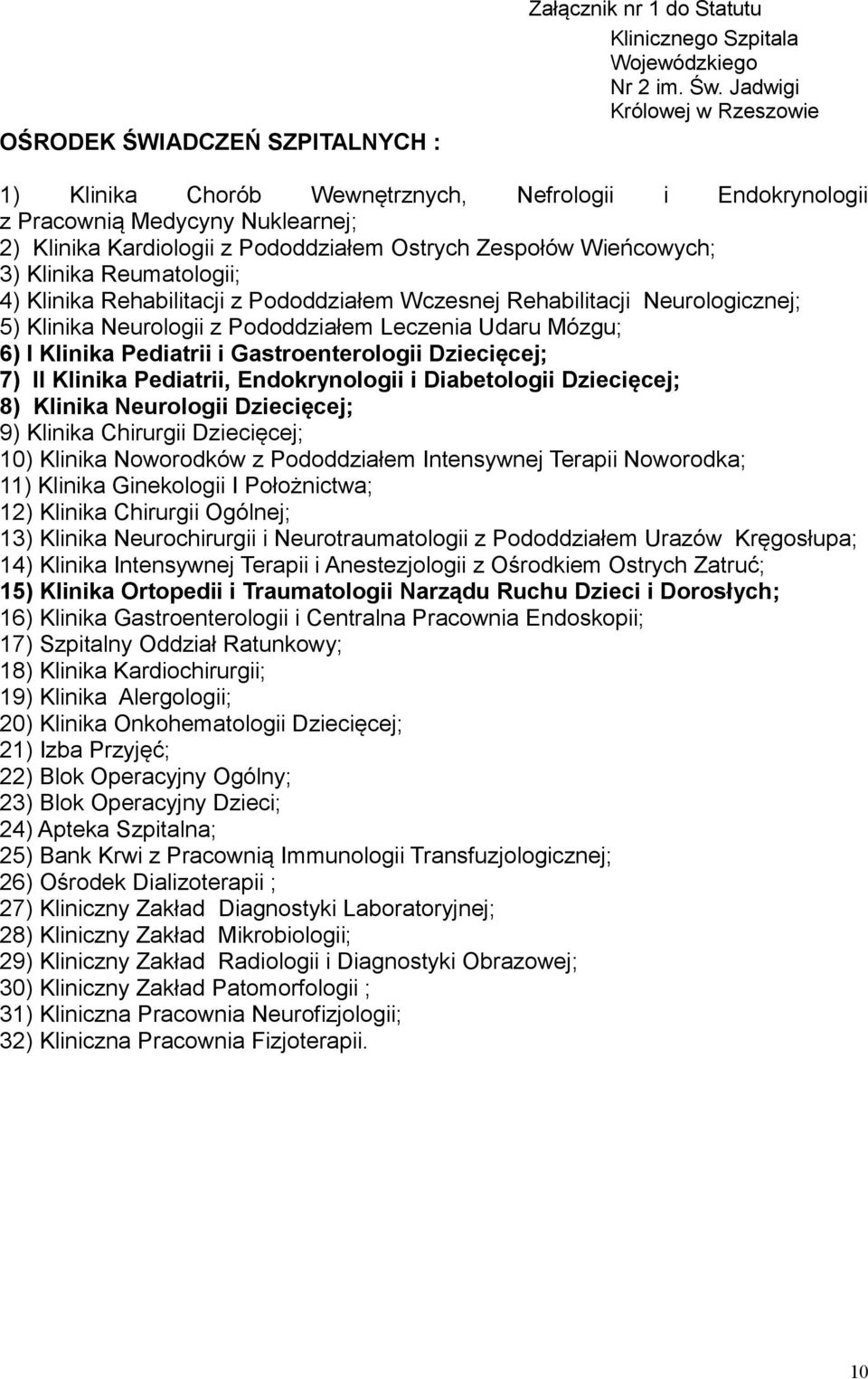 Reumatologii; 4) Klinika Rehabilitacji z Pododdziałem Wczesnej Rehabilitacji Neurologicznej; 5) Klinika Neurologii z Pododdziałem Leczenia Udaru Mózgu; 6) I Klinika Pediatrii i Gastroenterologii