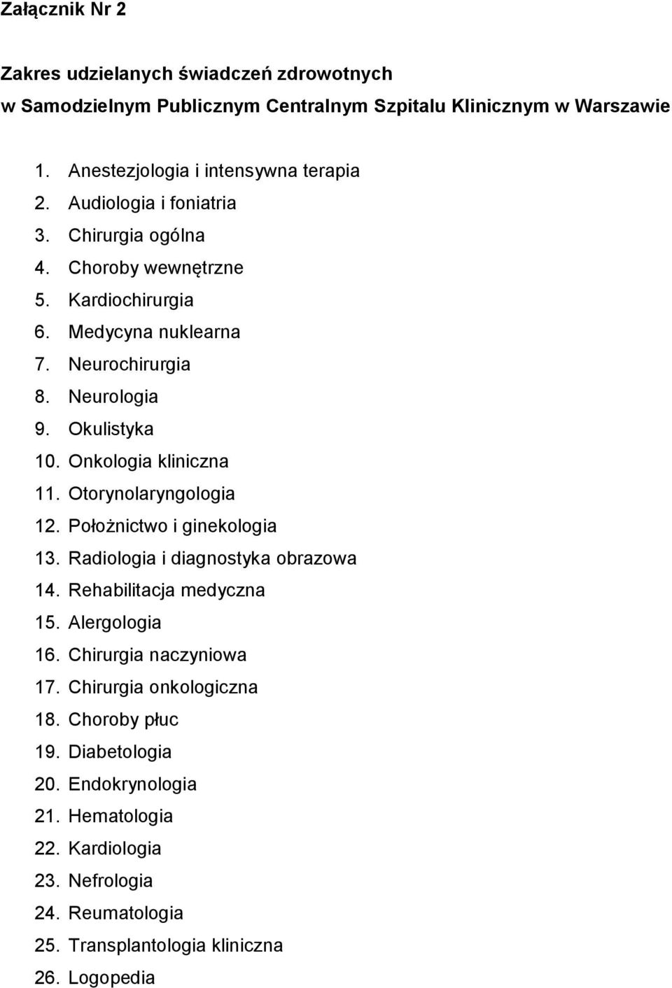 Onkologia kliniczna 11. Otorynolaryngologia 12. Położnictwo i ginekologia 13. Radiologia i diagnostyka obrazowa 14. Rehabilitacja medyczna 15. Alergologia 16.