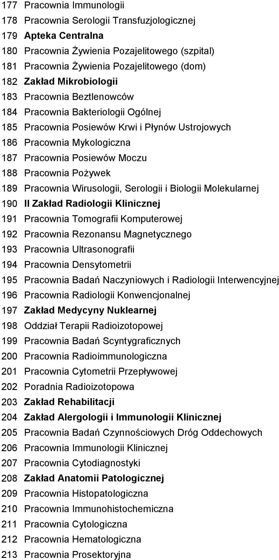 Pożywek 189 Pracownia Wirusologii, Serologii i Biologii Molekularnej 190 II Zakład Radiologii Klinicznej 191 Pracownia Tomografii Komputerowej 192 Pracownia Rezonansu Magnetycznego 193 Pracownia