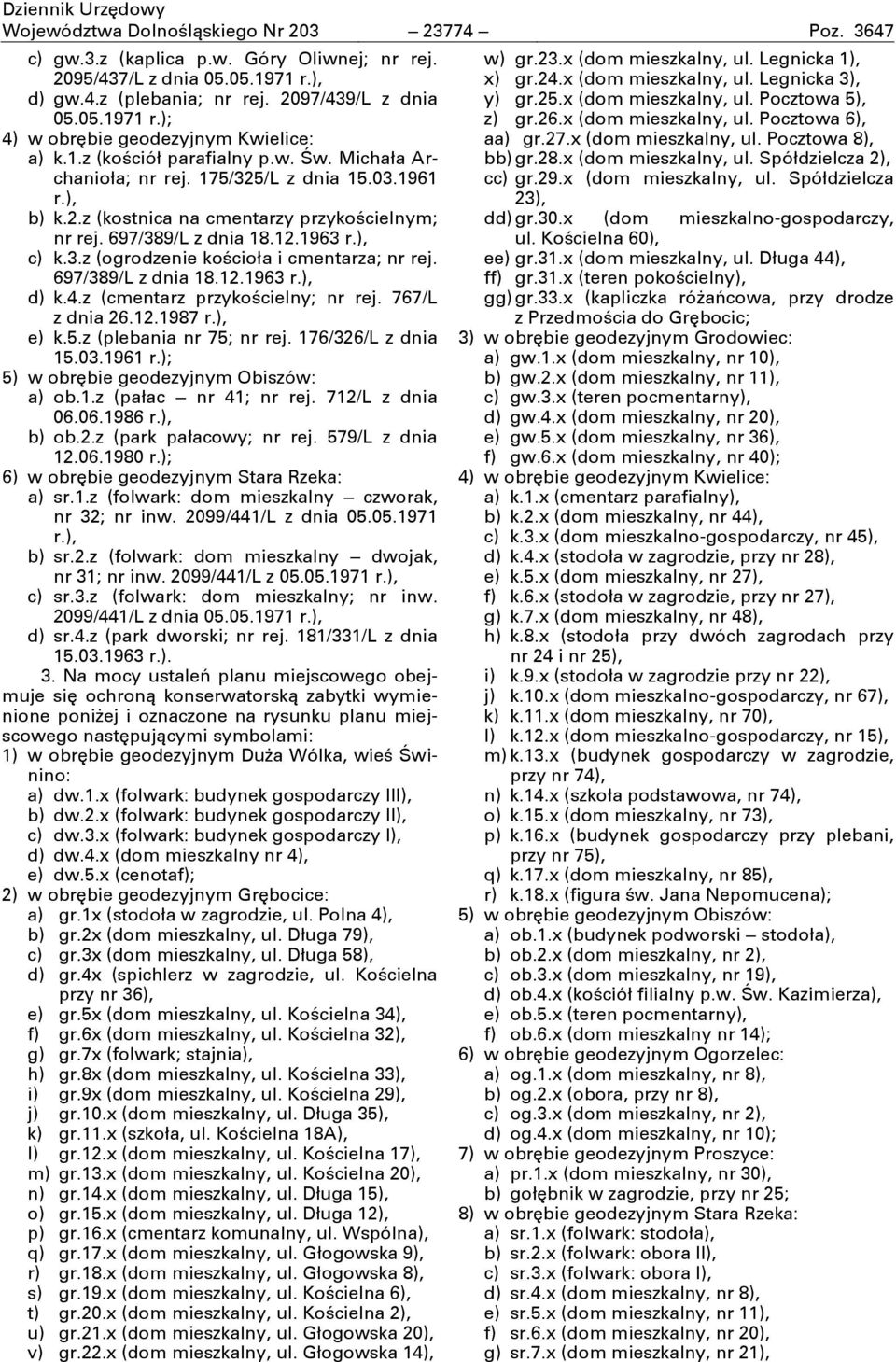 697/389/L z dnia 18.12.1963 r.), d) k.4.z (cmentarz przykościelny; nr rej. 767/L z dnia 26.12.1987 r.), e) k.5.z (plebania nr 75; nr rej. 176/326/L z dnia 15.03.1961 r.