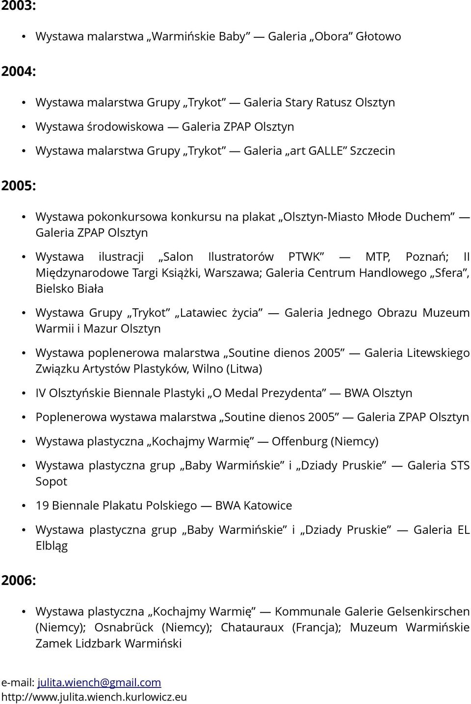 Galeria Centrum Handlowego Sfera, Bielsko Biała Wystawa Grupy Trykot Latawiec życia Galeria Jednego Obrazu Muzeum Warmii i Mazur Wystawa poplenerowa malarstwa Soutine dienos 2005 Galeria Litewskiego