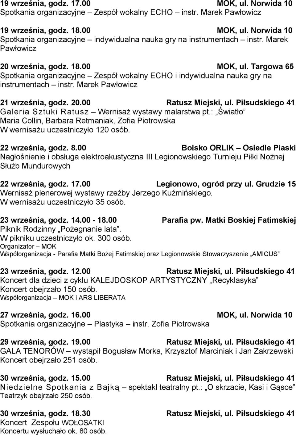 Piłsudskiego 41 Galeria Sztuki Ratusz Wernisaż wystawy malarstwa pt.: Światło Maria Collin, Barbara Retmaniak, Zofia Piotrowska W wernisażu uczestniczyło 120 osób. 22 września, godz. 8.