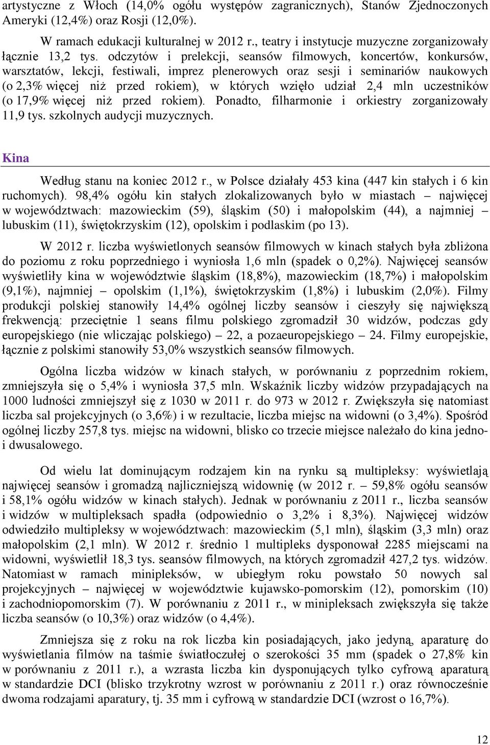 odczytów i prelekcji, seansów filmowych, koncertów, konkursów, warsztatów, lekcji, festiwali, imprez plenerowych oraz sesji i seminariów naukowych (o,3% więcej niż przed rokiem), w których wzięło