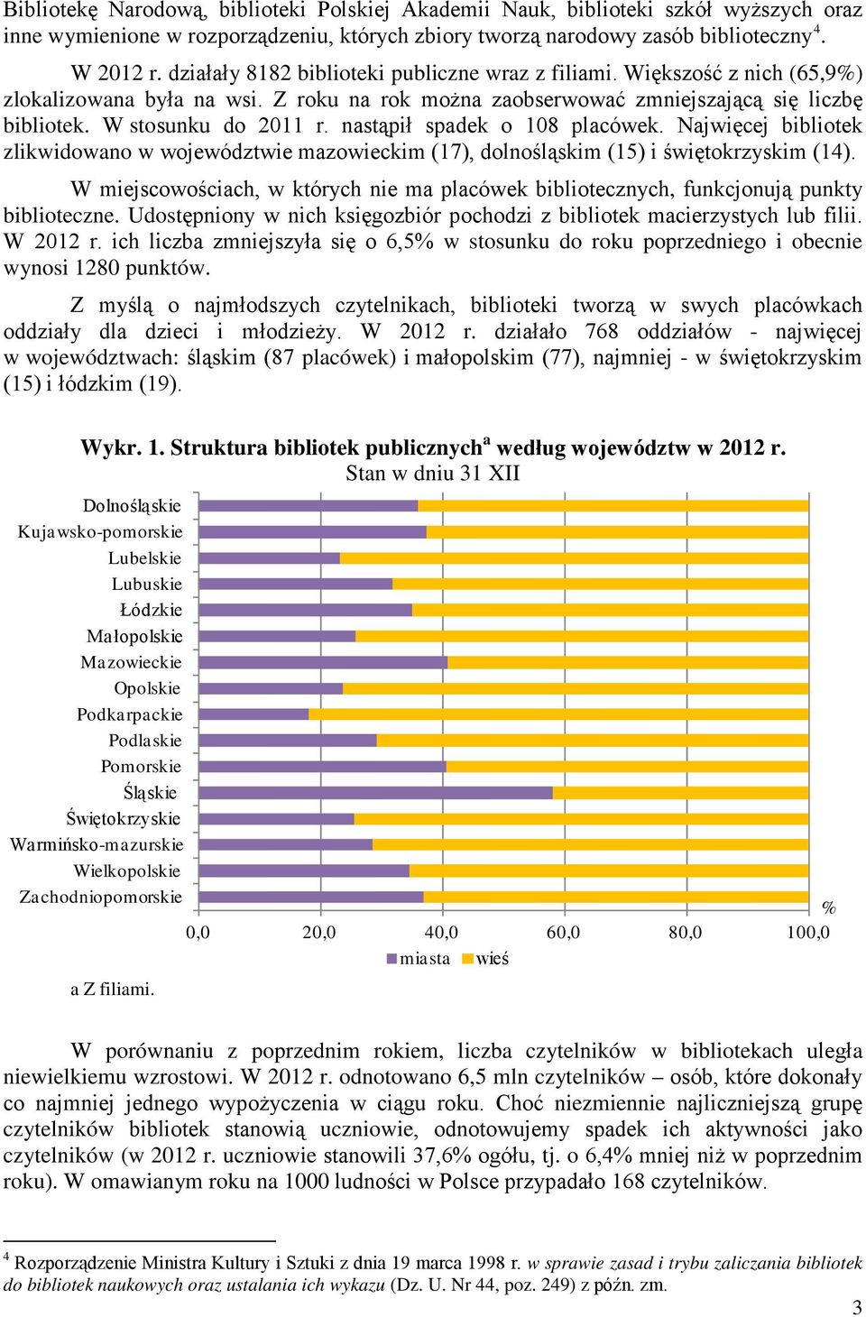 nastąpił spadek o 108 placówek. Najwięcej bibliotek zlikwidowano w województwie mazowieckim (17), dolnośląskim (15) i świętokrzyskim (14).