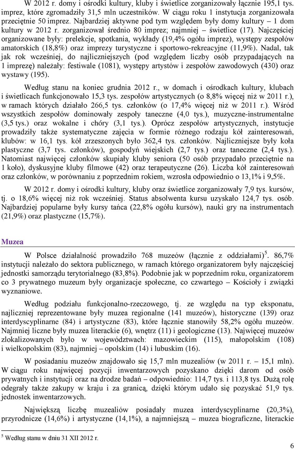 Najczęściej organizowane były: prelekcje, spotkania, wykłady (19,4% ogółu imprez), występy zespołów amatorskich (18,8%) oraz imprezy turystyczne i sportowo-rekreacyjne (11,9%).