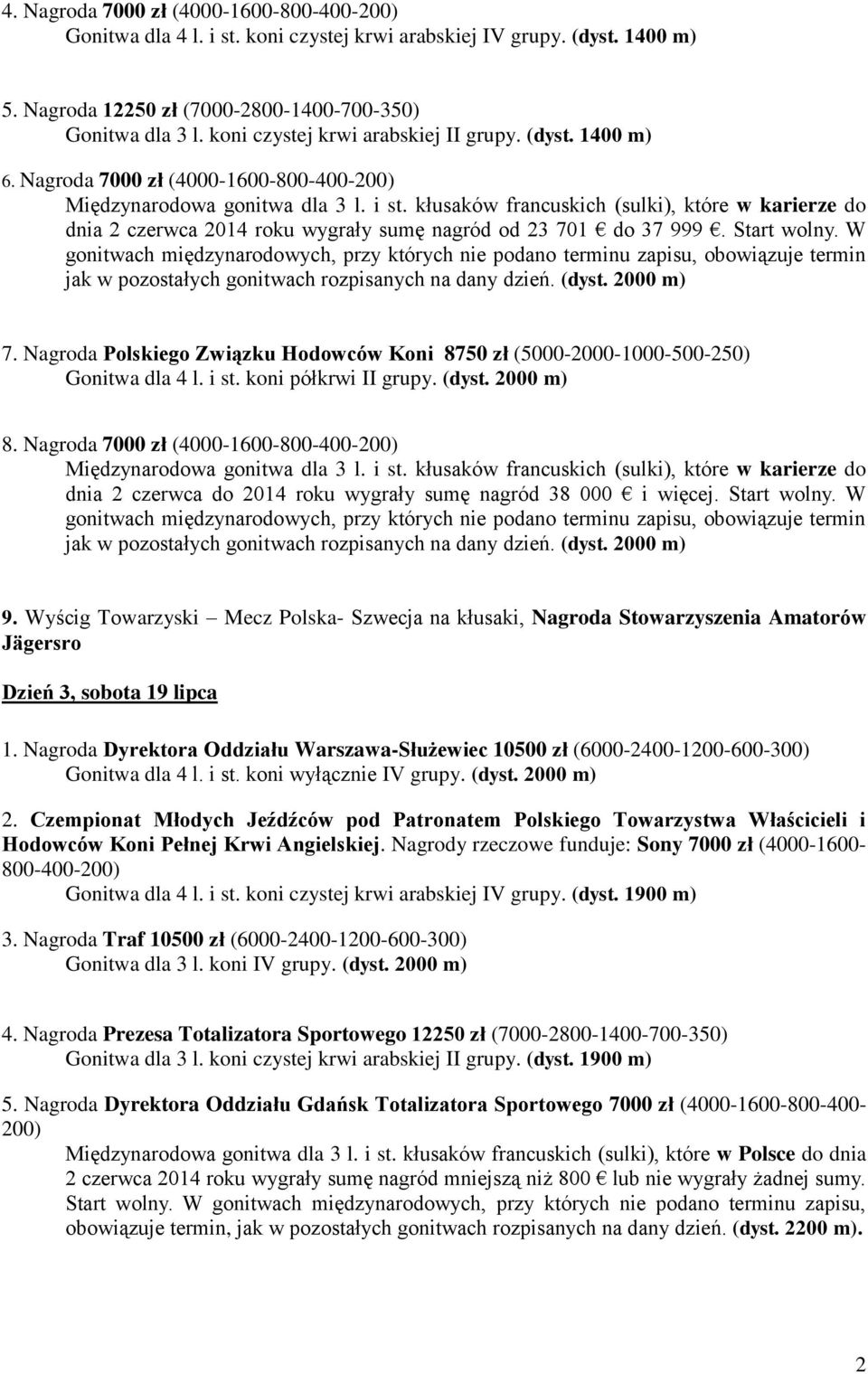Nagroda Polskiego Związku Hodowców Koni 8750 zł (5000-2000-1000-500-250) Gonitwa dla 4 l. i st. koni półkrwi II grupy. (dyst. 2000 m) 8.