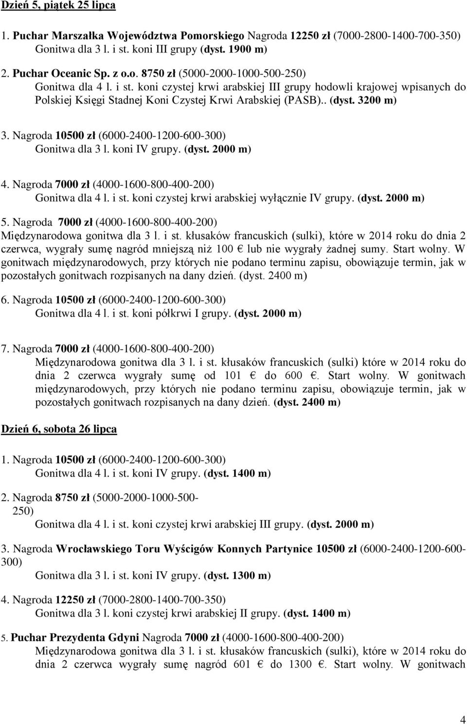 Nagroda 10500 zł (6000-2400-1200-600-300) Gonitwa dla 3 l. koni IV grupy. (dyst. 2000 m) 4. Nagroda 7000 zł (4000-1600-800-400-200) Gonitwa dla 4 l. i st.