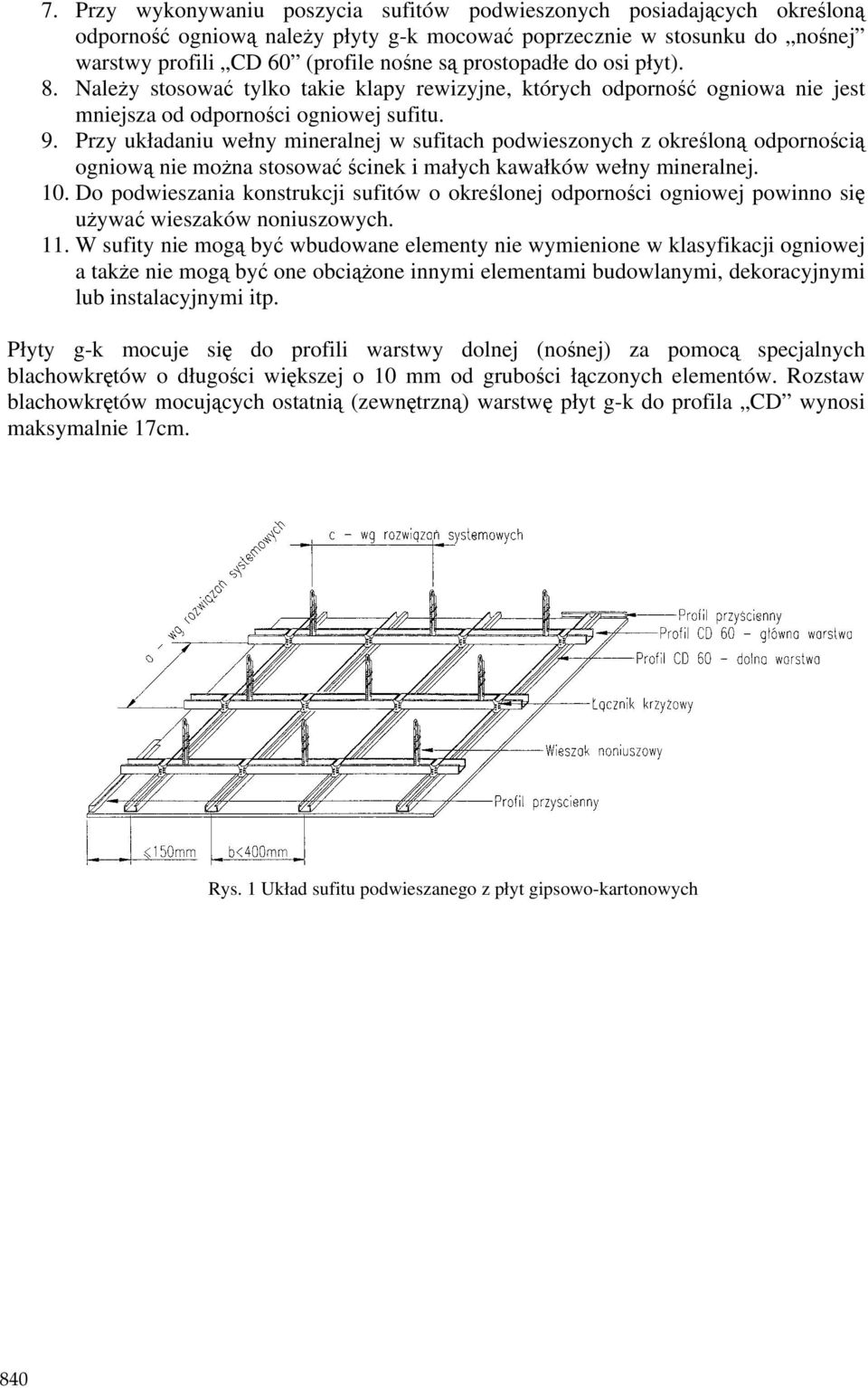 Przy układaniu wełny mineralnej w sufitach podwieszonych z określoną odpornością ogniową nie moŝna stosować ścinek i małych kawałków wełny mineralnej. 10.