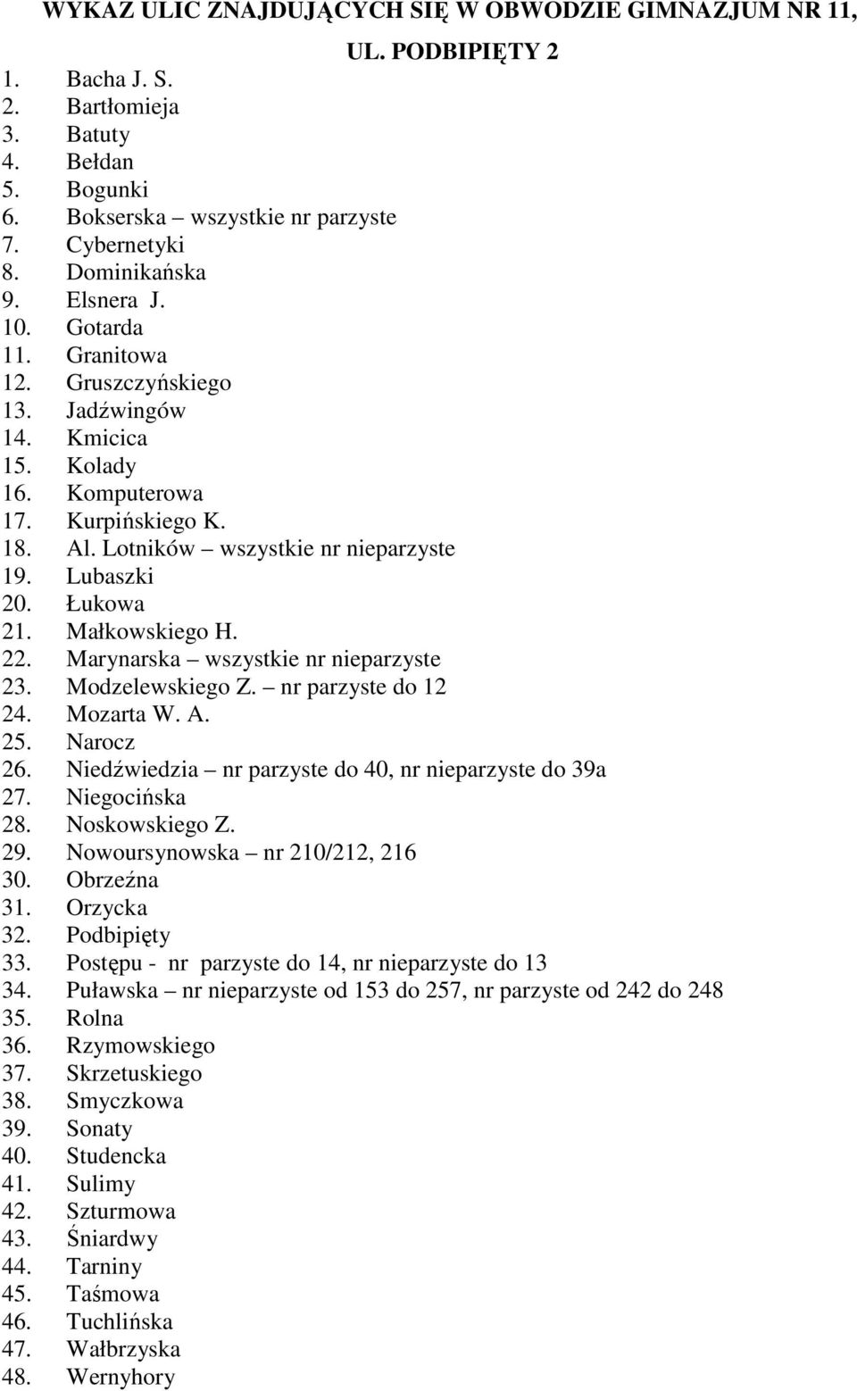 Lubaszki 20. Łukowa 21. Małkowskiego H. 22. Marynarska wszystkie nr nieparzyste 23. Modzelewskiego Z. nr parzyste do 12 24. Mozarta W. A. 25. Narocz 26.