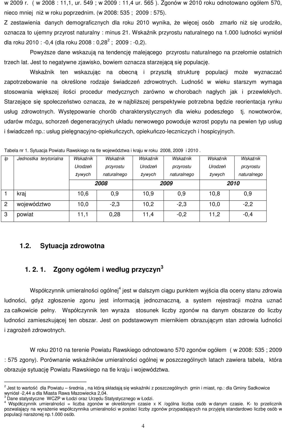 000 ludności wyniósł dla roku 2010 : -0,4 (dla roku 2008 : 0,28 2 ; 2009 : -0,2). Powyższe dane wskazują na tendencję malejącego przyrostu naturalnego na przełomie ostatnich trzech lat.