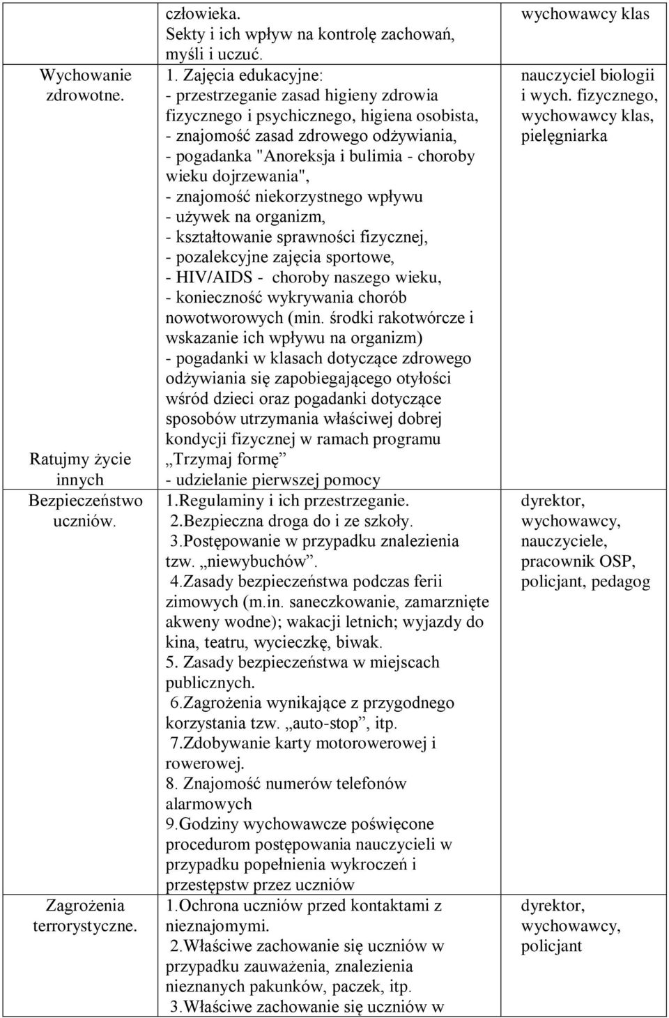dojrzewania", - znajomość niekorzystnego wpływu - używek na organizm, - kształtowanie sprawności fizycznej, - pozalekcyjne zajęcia sportowe, - HIV/AIDS - choroby naszego wieku, - konieczność