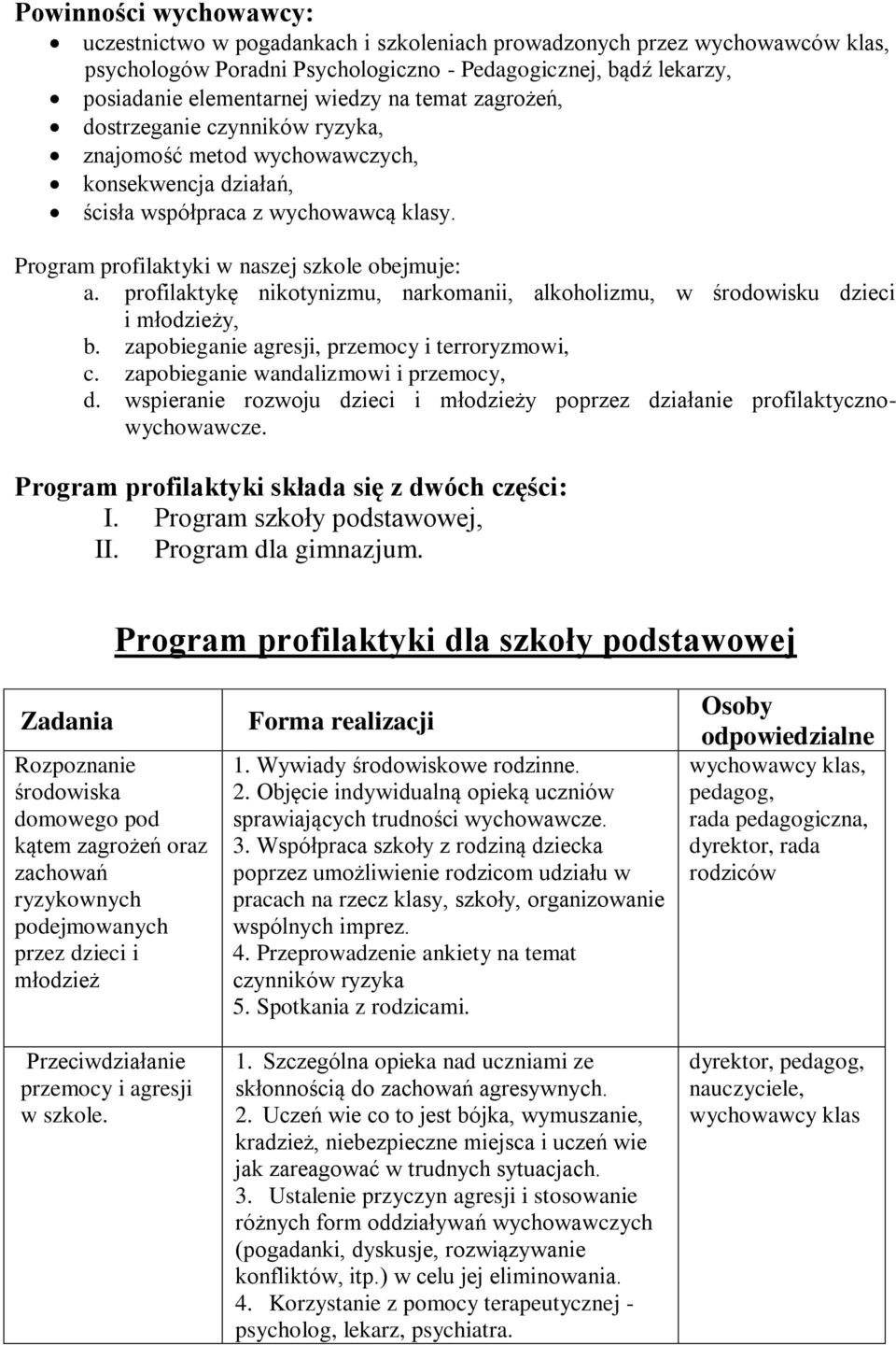 profilaktykę nikotynizmu, narkomanii, alkoholizmu, w środowisku dzieci i młodzieży, b. zapobieganie agresji, przemocy i terroryzmowi, c. zapobieganie wandalizmowi i przemocy, d.
