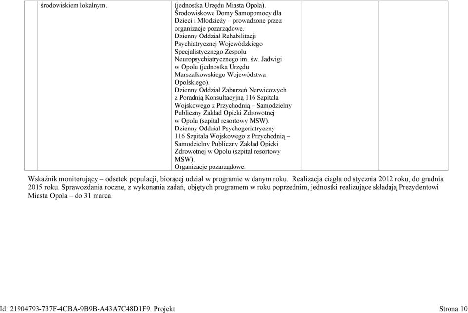 Dzienny Oddział Zaburzeń Nerwicowych z Poradnią Konsultacyjną 116 Szpitala Wojskowego z Przychodnią Samodzielny Publiczny Zakład Opieki Zdrowotnej w Opolu (szpital resortowy MSW).