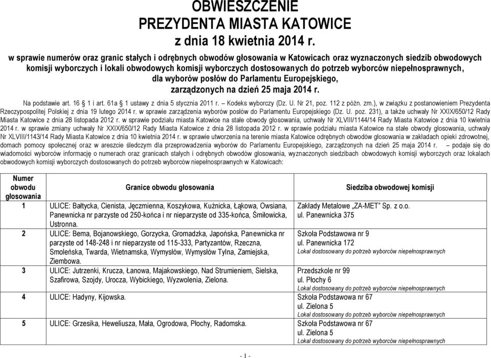 potrzeb wyborców niepełnosprawnych, dla wyborów posłów do Parlamentu Europejskiego, zarządzonych na dzień 25 maja 2014 r. Na podstawie art. 16 1 i art. 61a 1 ustawy z dnia 5 stycznia 2011 r.