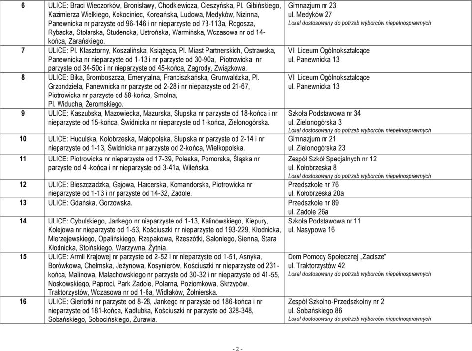 Warmińska, Wczasowa nr od 14- końca, Zarańskiego. 7 ULICE: Pl. Klasztorny, Koszalińska, Książęca, Pl.