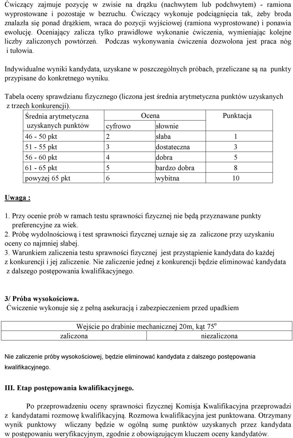 Oceniający zalicza tylko prawidłowe wykonanie ćwiczenia, wymieniając kolejne liczby zaliczonych powtórzeń. Podczas wykonywania ćwiczenia dozwolona jest praca nóg i tułowia.