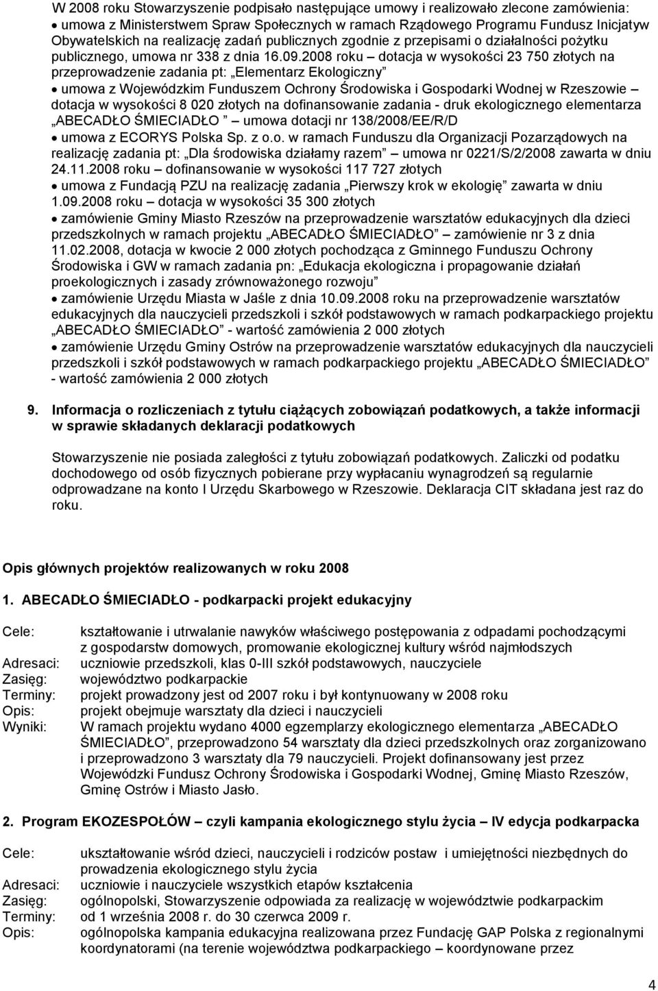 2008 roku dotacja w wysokości 23 750 złotych na przeprowadzenie zadania pt: Elementarz Ekologiczny umowa z Wojewódzkim Funduszem Ochrony Środowiska i Gospodarki Wodnej w Rzeszowie dotacja w wysokości