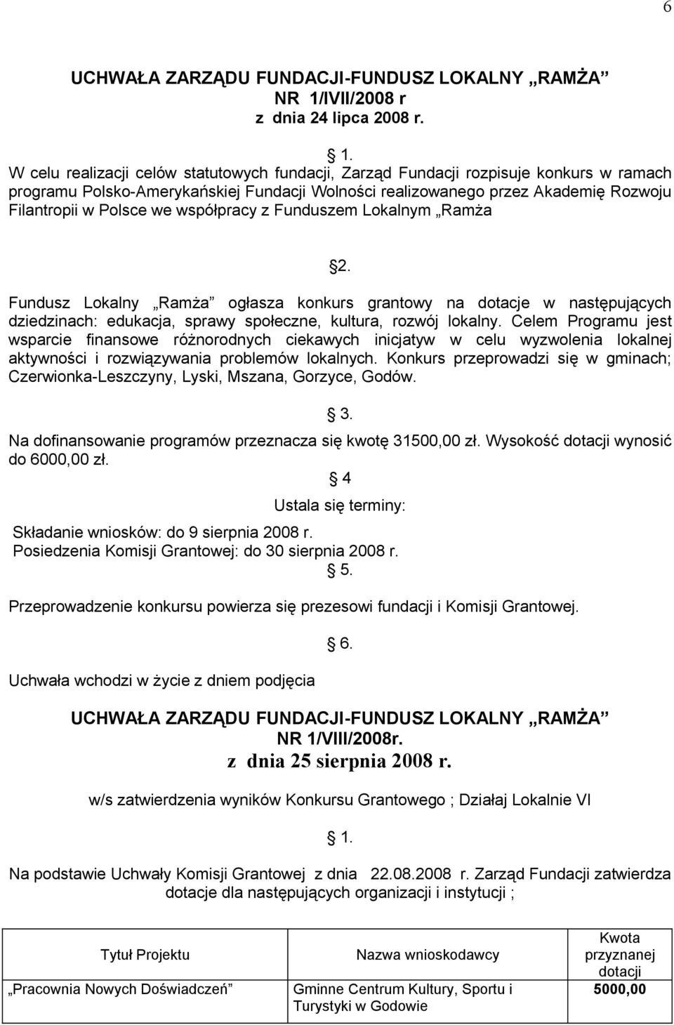 współpracy z Funduszem Lokalnym Ramża 2. Fundusz Lokalny Ramża ogłasza konkurs grantowy na dotacje w następujących dziedzinach: edukacja, sprawy społeczne, kultura, rozwój lokalny.