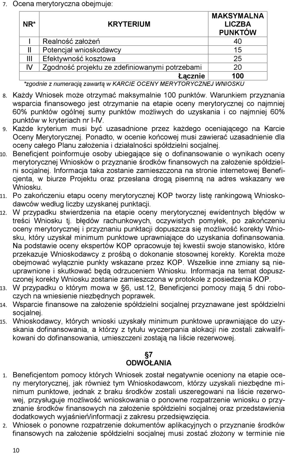 Warunkiem przyznania wsparcia finansowego jest otrzymanie na etapie oceny merytorycznej co najmniej 60% punktów ogólnej sumy punktów możliwych do uzyskania i co najmniej 60% punktów w kryteriach nr