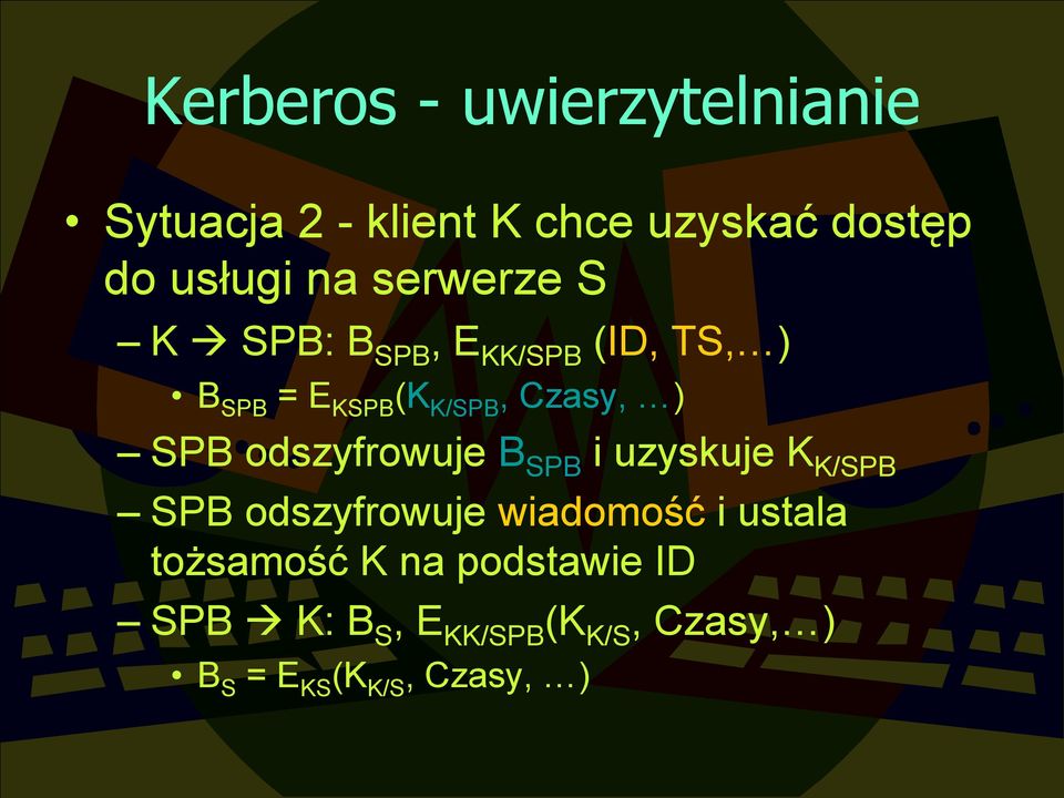 odszyfrowuje B SPB i uzyskuje K K/SPB SPB odszyfrowuje wiadomość i ustala tożsamość